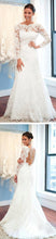 White Long Sleeve Lace Round Neck Backless Mermaid Wedding Dresses, MW242