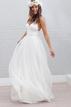 White Tulle V neck Spaghetti Straps Backless Simple Beach Wedding Dresses, MW188