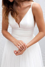 White Tulle V neck Spaghetti Straps Backless Simple Beach Wedding Dresses, MW188