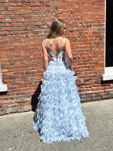 Whimsical Blue Floral Tiered Ruffled Corset Prom Dress