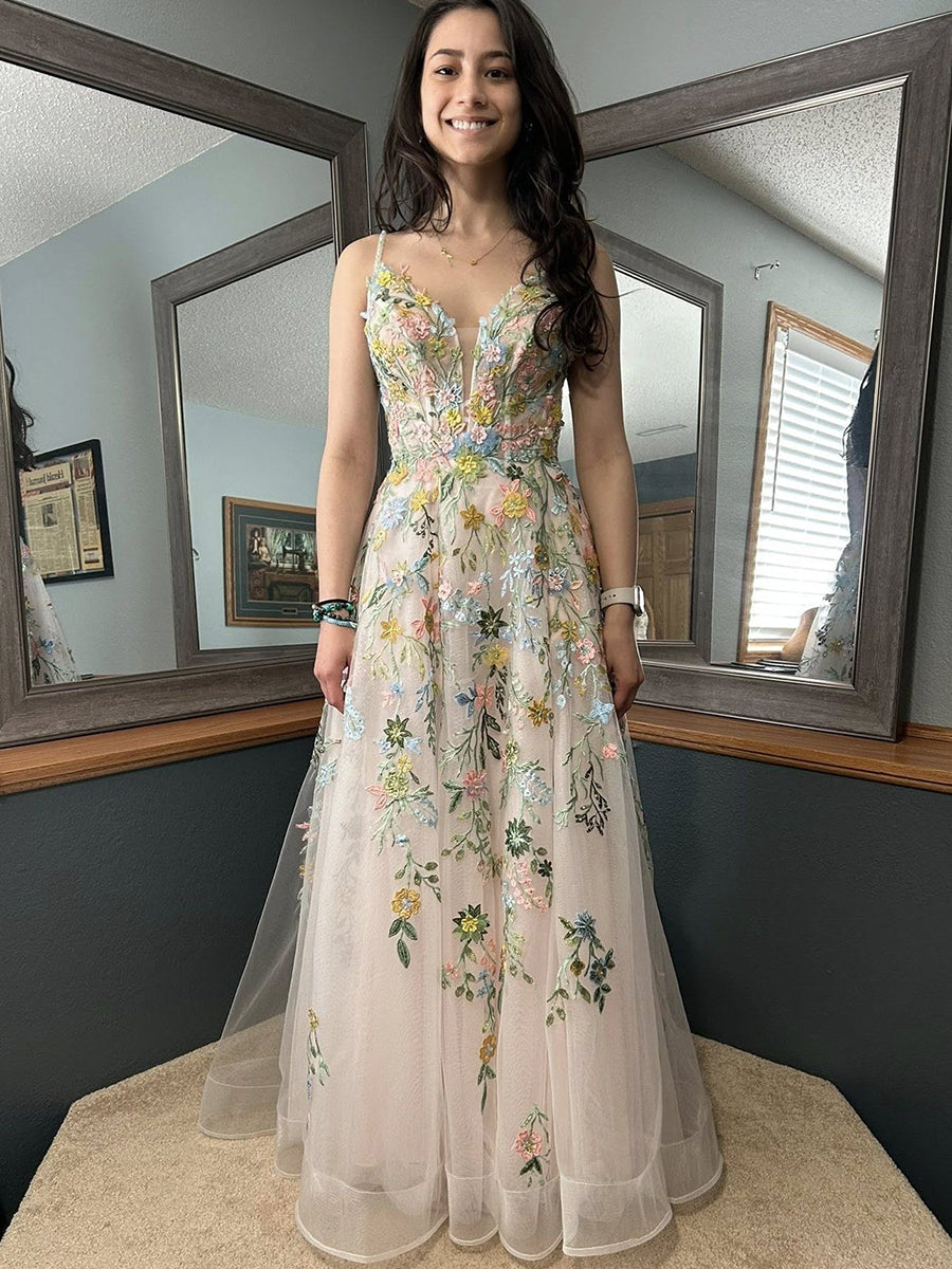 Whimsical Pastel Blush Floral Embroidered Tulle Long Prom Dress – Anna PromDress