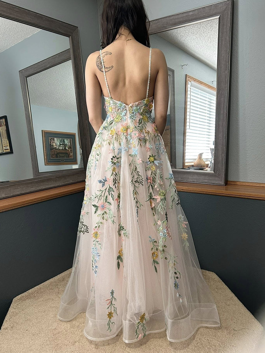Whimsical Pastel Blush Floral Embroidered Tulle Long Prom Dress – Anna PromDress