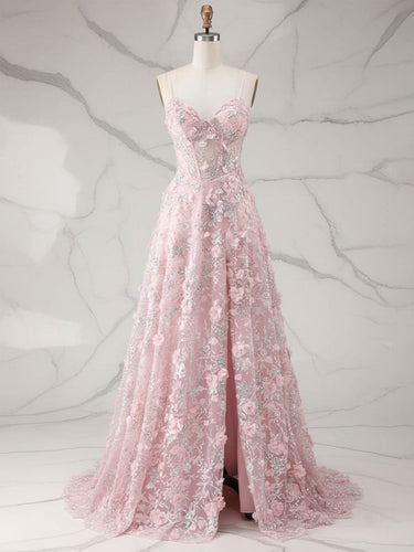 Whimsical Pink 3D Floral Applique Tulle Prom Dress with Slit