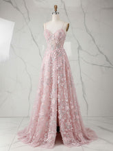 Whimsical Pink 3D Floral Applique Tulle Prom Dress with Slit