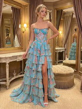 Whimsical Pink Floral Tiered Ruffles Corset Prom Dress with Slit