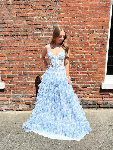 Whimsical Blue Floral Tiered Ruffled Corset Prom Dress