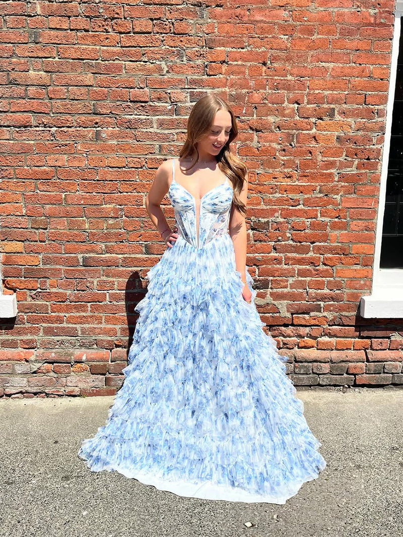 blue floral corset prom dress Blue Floral Print Ruffle Corset Dress main image 0