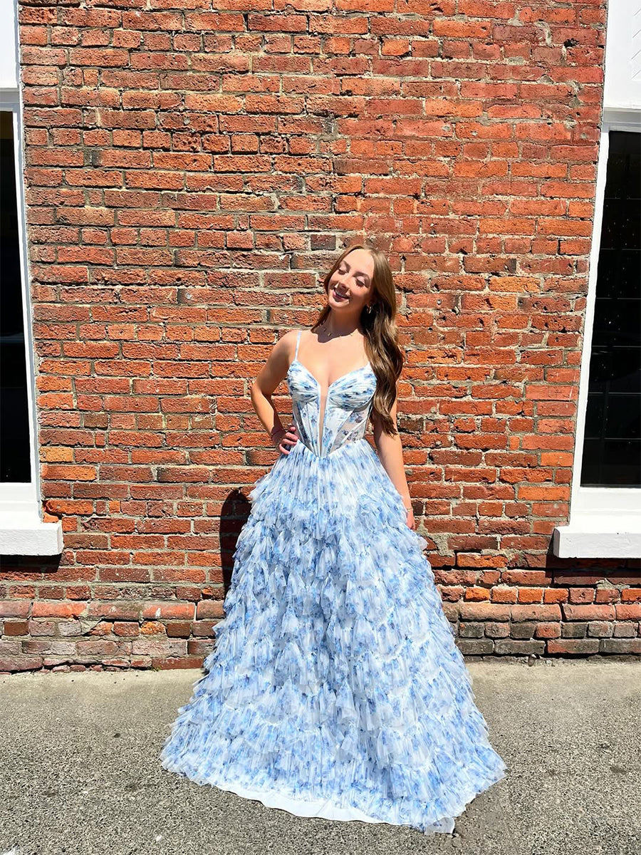 Whimsical Blue Floral Tiered Ruffled Corset Prom Dress – Anna PromDress