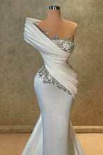 White Long One Shoulder Mermaid Lace Satin Prom Dress With Beads