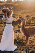 White Chiffon Boho Two Pieces Long Sleeves Lace Wedding Dresses, MW564