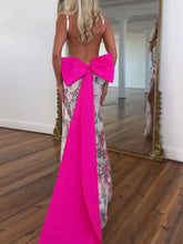 White Floral Embroidered Deep V-Neck Prom Dress with Oversized Bow Train