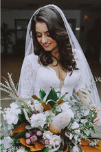 White Lace Mermaid Half Sleeves V-neck Wedding Dresses, Bridal Gown, MW581