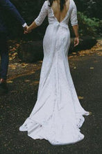 White Lace Mermaid Half Sleeves V-neck Wedding Dresses, Bridal Gown, MW581