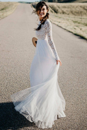 White Lace Tulle Long Sleeves Beach Wedding Dresses, Bridal Dress, MW570