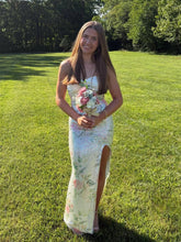 White Pink Floral Print Strapless Sequin Prom Dress with Slit