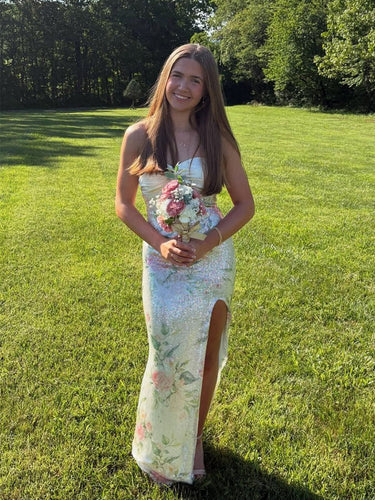 White Pink Floral Print Strapless Sequin Prom Dress with Slit