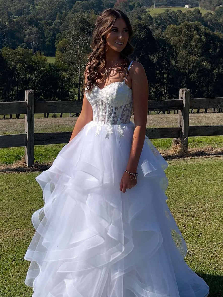 White Sheer Floral Lace Corset Spaghetti Straps Tulle Tiered Prom Dress