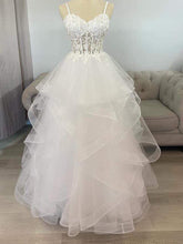 White Sheer Floral Lace Corset Spaghetti Straps Tulle Tiered Prom Dress