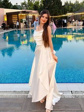 White Spaghetti Straps Satin Cowl Neck Prom Dress with Cascading Ruffle Slit