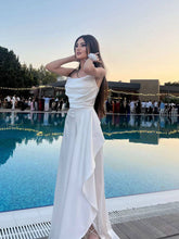 White Spaghetti Straps Satin Cowl Neck Prom Dress with Cascading Ruffle Slit