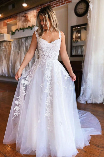 White Tulle A-line Long Wedding Dresses With Lace Appliques, Bridal Gown, MW629