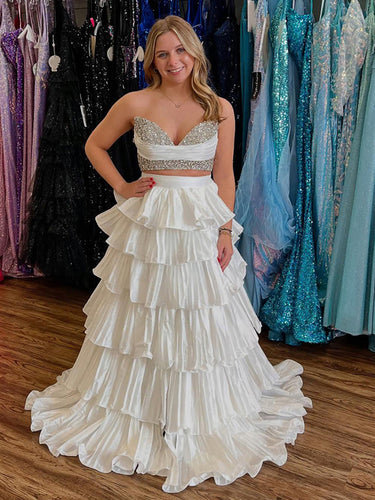 White Two-Piece Tiered Ruffle Prom Dress with Crystal Bodice
