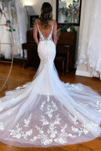 Mermaid Applique V Neck Long Lace Wedding Dress