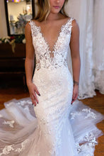 Mermaid Applique V Neck Long Lace Wedding Dress