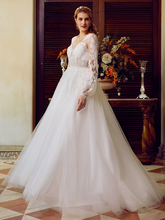 A-Line Wedding Dresses V Neck  Lace Tulle Long Sleeve See-Through with Appliques