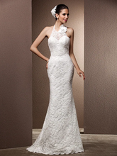 Wedding Dresses Halter Neck  Lace Regular Straps Open Back with Beading Flower Button