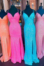 Glitter Spaghetti Straps Mermaid Sequins Prom Dresse With Slit GJS741