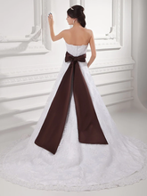 A-Line Wedding Dresses Strapless Chapel Train Lace Satin Tulle Strapless with Sashes  Ribbons Bow(s) Beading