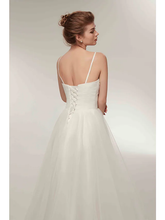 A-Line Wedding Dresses V Neck Asymmetrical Tulle Spaghetti Strap Simple Casual Little White Dress with Side-Draped