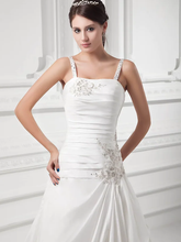 A-Line Wedding Dresses Square Neck Court Train Satin Taffeta Spaghetti Strap with Ruched Beading Draping