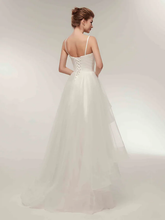 A-Line Wedding Dresses V Neck Asymmetrical Tulle Spaghetti Strap Simple Casual Little White Dress with Side-Draped