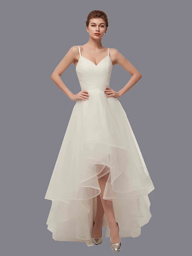 A-Line Wedding Dresses V Neck Asymmetrical Tulle Spaghetti Strap Simple Casual Little White Dress with Side-Draped