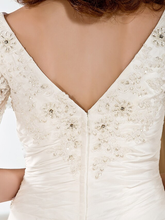 Ball Gown Wedding Dresses V Neck Chapel Train Taffeta Half Sleeve See-Through with Ruched Beading Appliques