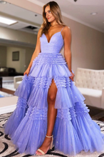 Purple Tulle Long A-Line Prom Dress, V-Neck Evening Dress with Slit Y1687