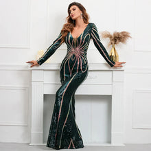 Stretch Green Sequin Maxi Dress Full Sleeve V Neck Mermaid Evening Night Long Party Dress