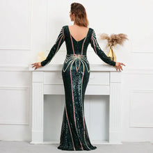 Stretch Green Sequin Maxi Dress Full Sleeve V Neck Mermaid Evening Night Long Party Dress