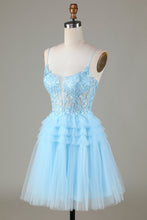 Cute A Line Spaghetti Straps Glitter Blue Short Homecoming Dress with Appliques