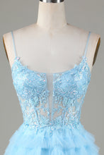 Cute A Line Spaghetti Straps Glitter Blue Short Homecoming Dress with Appliques