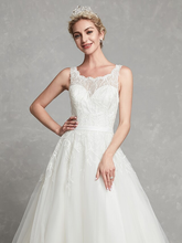 A-Line Wedding Dresses Scoop Neck Chapel Train Lace Tulle Regular Straps Formal Illusion Detail with Lace Sash  Ribbon