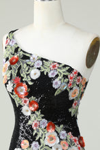 Bodycon One Shoulder Black Sequin Beading Homecoming Dress with 3d Flowers