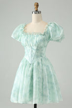 Cute Light Green A Line Square Neck Floral Short Homecoming Dress with Ruffles