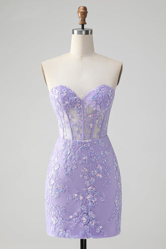 Classy Lilac Bodycon Sweetheart Corset Short Homecoming Dress with Sequins
