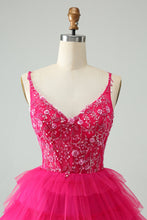 Cute Fuchsia A Line Spaghetti Straps Tiered Short Homecoming Dress with Sequins