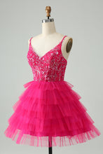 Cute Fuchsia A Line Spaghetti Straps Tiered Short Homecoming Dress with Sequins