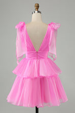 Cute Hot Pink A Line V Neck Backless Pleated Tiered Short Homecoming Dress