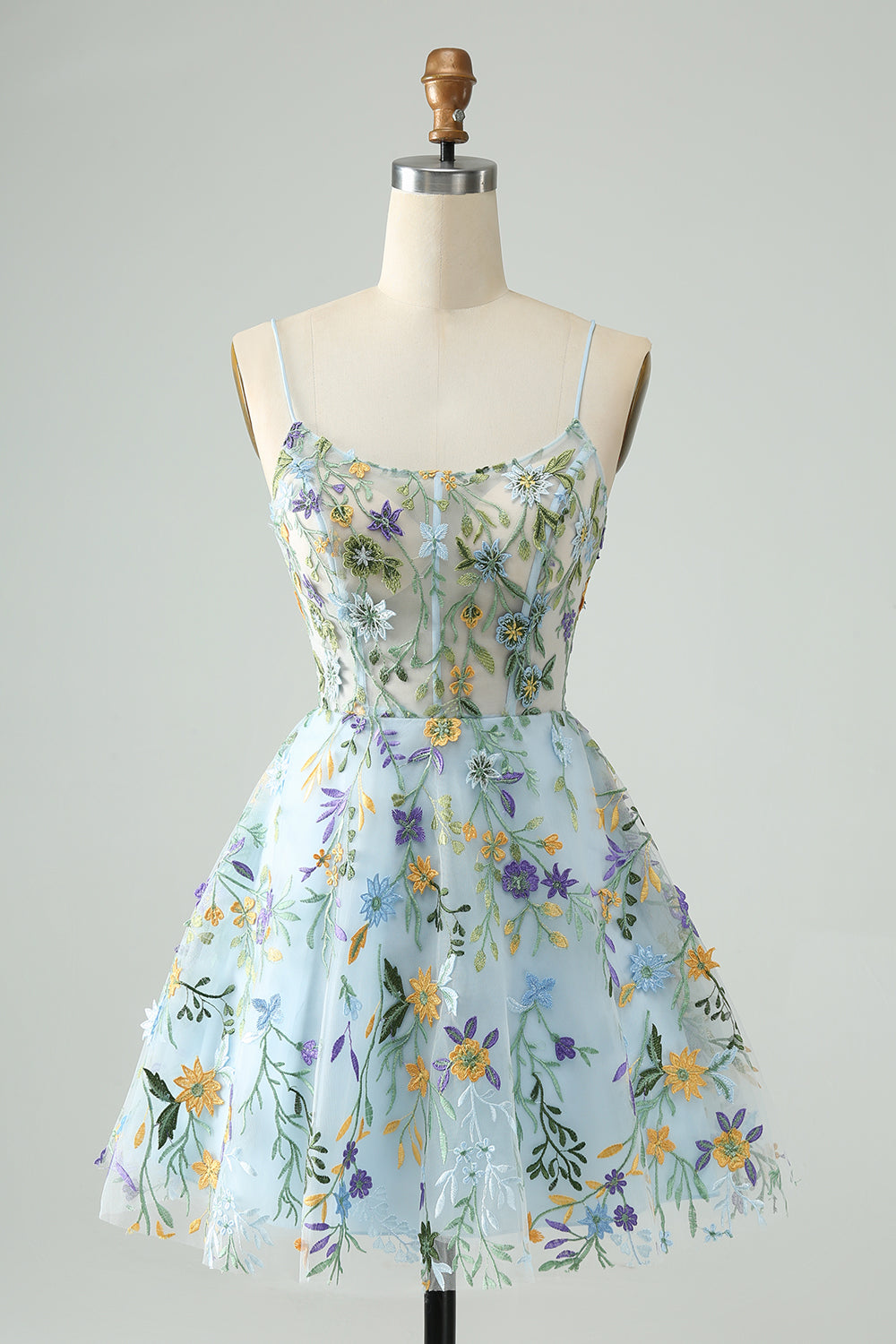 Blue Flower A Line Spaghetti Straps Corset Short Homecoming Dress with Embroidery Anna PromDress Blue Flower A Line Spaghetti Straps Corset Short Homecoming Dress with Embroidery Anna PromDress